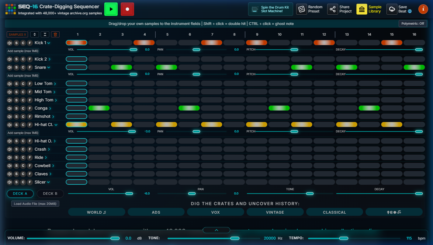 Pattern mode: master controls collapsed, revealing additional instrument rows including Cowbell, Claves and the Slicer dual-deck, with only the thin VOLUME/TONE/TEMPO bar remaining