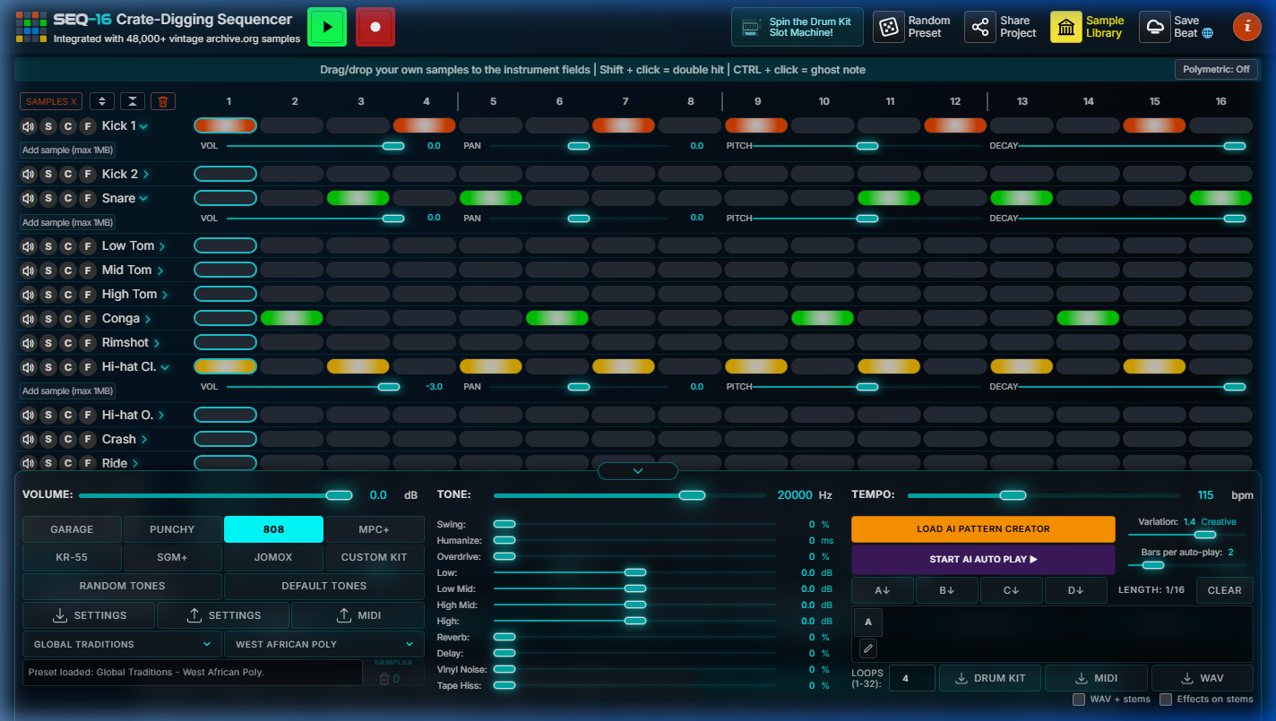 SEQ-16 desktop cockpit: 16-track step sequencer grid with active West African Poly pattern, per-track volume/pan/pitch/decay controls, 808 kit selector, master VOLUME/TONE/TEMPO strip, and AI pattern generation panel