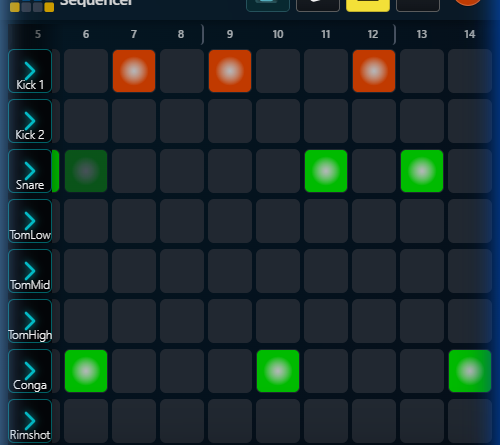 Mobile step grid scrolled to show steps 5 through 14, with partially visible steps at both edges indicating more content in each direction; active pattern steps visible across Kick, Snare and Conga rows