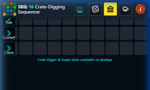 Mobile view showing the last instrument rows (Ride, Cowbell, Claves) followed by an italic cyan notice reading 'Crate Digger and Audio Slicer available on desktop'