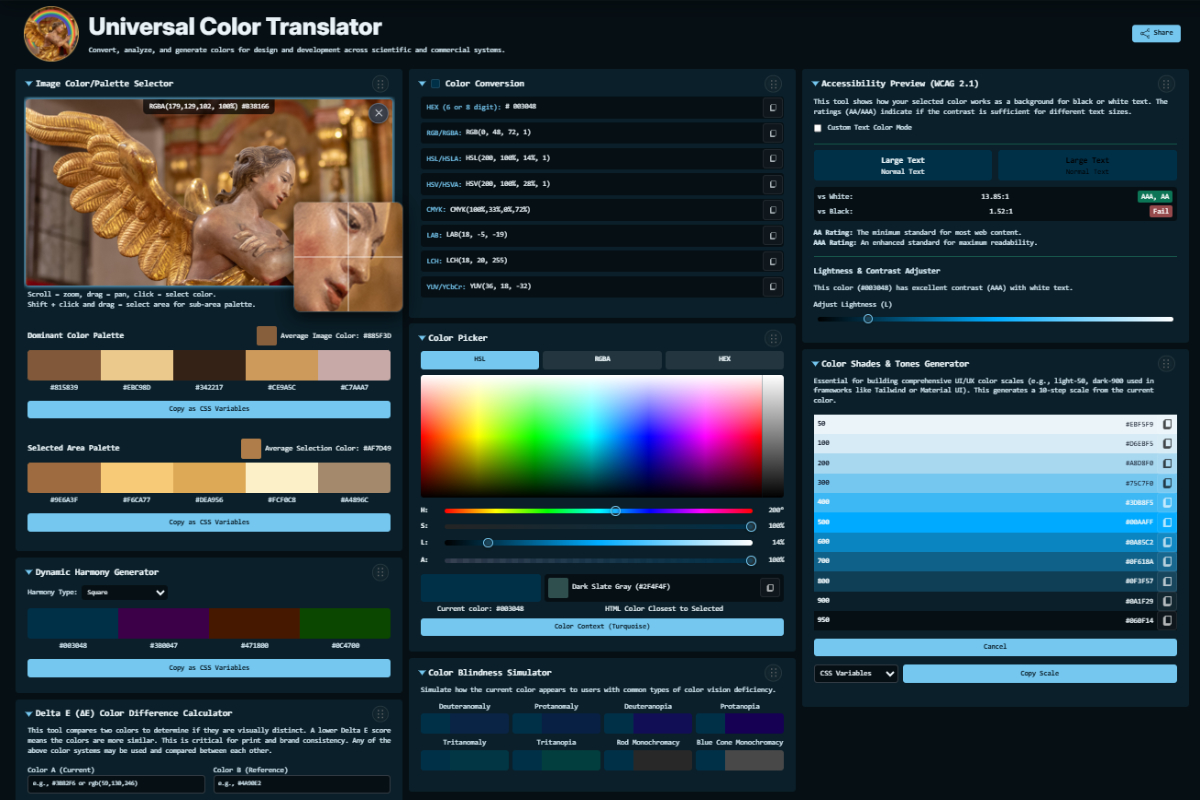 Universal Color Converter web app showing multi-format color conversion panels, an image palette extractor with a baroque sculpture photo, a WCAG contrast checker, and a color shades generator